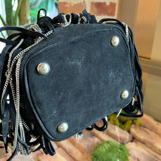 SAINT LAURENT Emmanuelle Large Fringe Black Suede Bucket Bag