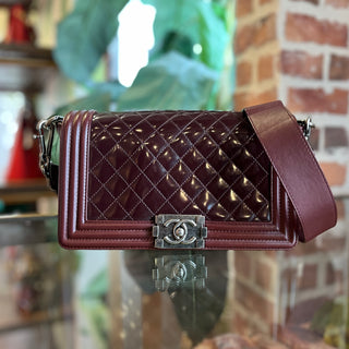 CHANEL Boy Bag Maroon Quilted Patent Leather Shoulder Bag