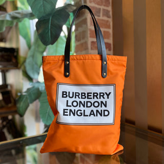 BURBERRY Orange Logo Print Nylon Tote Bag