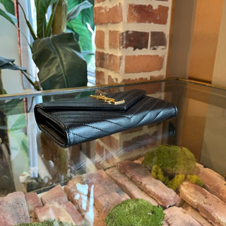 SAINT LAURENT Cassandre Black Grain De Poudre YSL Monogram Flap Wallet
