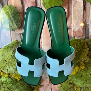 HERMES Oran Blue Suede Bicolor Bleu Minéral Sandals SZ39.5(9.5US)