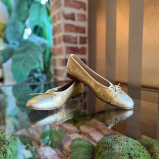 CHANEL Cap Toe Gold Lambskin Leather Sequin Flats SZ 39 (US 9)
