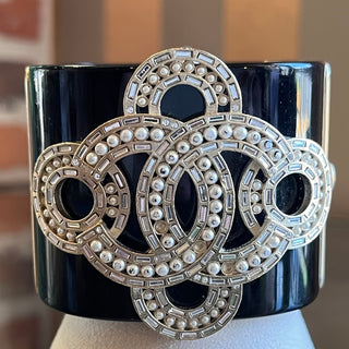 CHANEL CC Black Resin Faux Pearl Embellished Cuff
