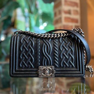 CHANEL Boy Medium Black Embossed Lambskin Leather Celtic Shoulder Bag