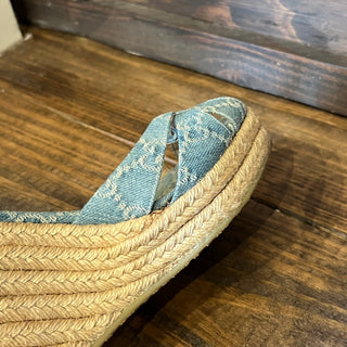 GUCCI Light Blue GG Denim Open Toe Espadrille Wedges SZ40.5(10.5US)