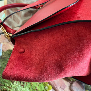 CELINE Small Trapeze Red Pebbled Calfskin Suede Leather Tote Bag