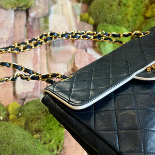 CHANEL Single Flap Black White Lambskin Quilted Shoulder Bag