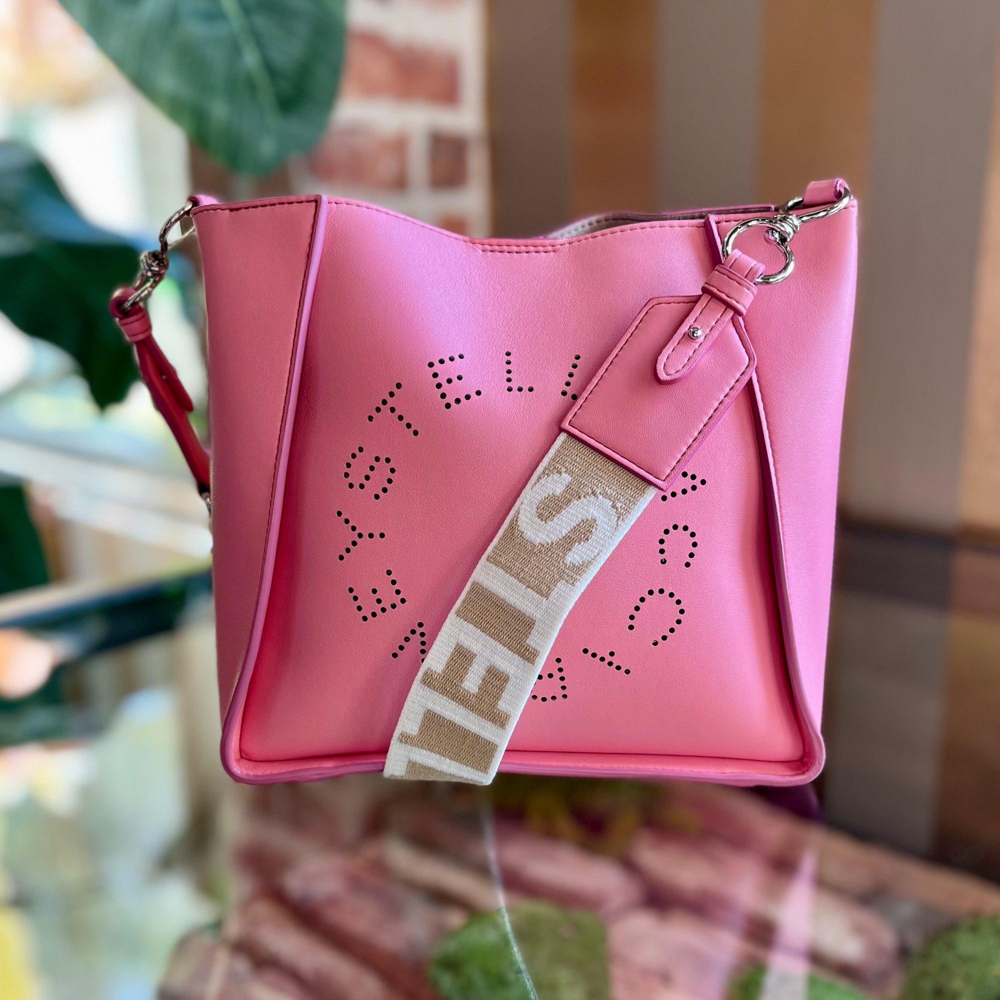 STELLA MCCARTNEY Pink Faux-Leather Perforated Logo Messenger Bag