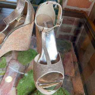 JIMMY CHOO Rose Gold Glitter Cork Wedges SZ 35 (US 5)