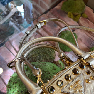 PRADA Pyramid Studded Gold Saffiano Lux Leather Satchel