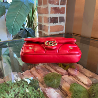 GUCCI GG Marmont Mini Red Matelassé Double G Studs Torchon Shoulder Bag