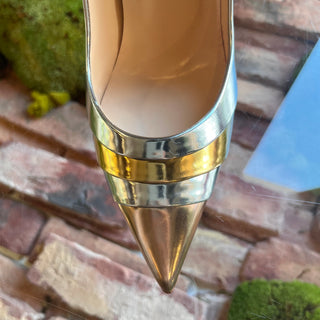 LOUBOUTIN Eklectica 85 Silver/Gold Patent Leather Pumps SZ 38.5 (US 8.5)
