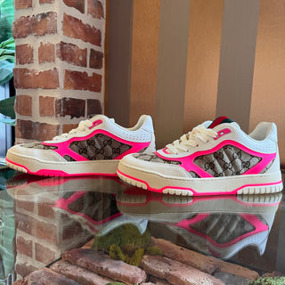 GUCCI Re-Web Sneakers GG Beige Neon Pink SZ 39.5 (US 9.5)