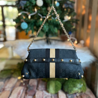 GUCCI Horsebit Pochette Black GG Canvas Shoulder Bag