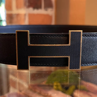 HERMES Reversible Black Leather H Buckle Belt