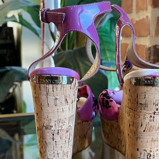 JIMMY CHOO Purple Gleam Printed Cork Wedge Sandals SZ37(7US)