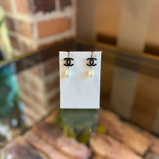 CHANEL Black Enamel CC Faux Pearl Drop Earrings