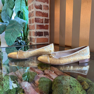 CHANEL Cap Toe Gold Lambskin Leather Sequin Flats SZ 39 (US 9)