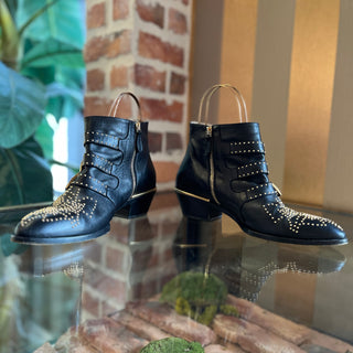 CHLOÉ Studded Gold/Black Leather Booties SZ 38.5 (US 8.5)