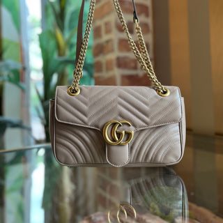 GUCCI GG Marmont Taupe Matelasse Chevron Leather Crossbody Bag