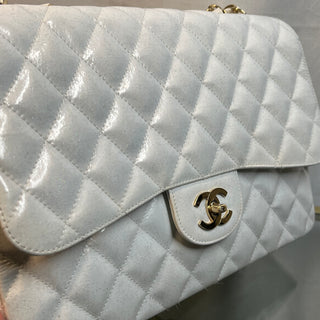 CHANEL Jumbo Classic Single Flap White Pearl Glitter Patent Leather Shoulder Bag ADI1120