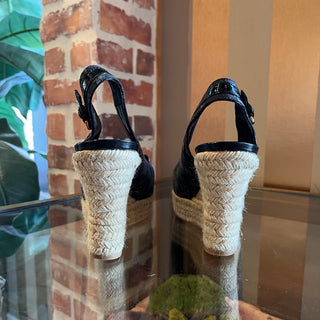 LOUIS VUITTON Monogram Black Denim/Patent Leather Bow Espadrilles SZ 38 (US 8)