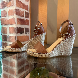 VALENTINO Rockstud Brown Leather Glitter Espadrille Wedges SZ 39 (US 9)