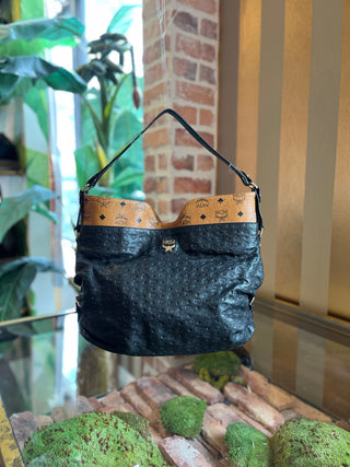 MCM Cognac Embossed Visetos Monogram Hobo Bag
