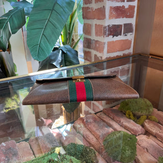 GUCCI Sherry Line Brown Leather Web Vintage Clutch Bag