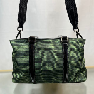 PRADA Black Green Striped Nylon Two-Way Tote Bag