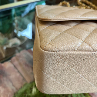 CHANEL Classic Double Flap Beige Quilted Caviar Leather Shoulder Bag