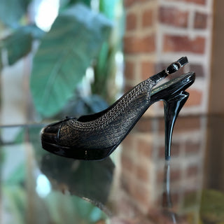 CHANEL Black Patent Leather Chain Cap-Toe Slingback Heels SZ37.5(7.5US)