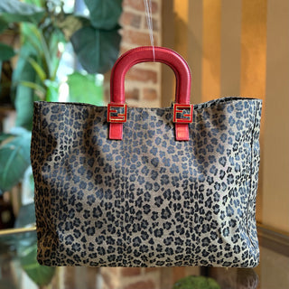 FENDI Brown Red Leopard Print Canvas Leather Tote Bag