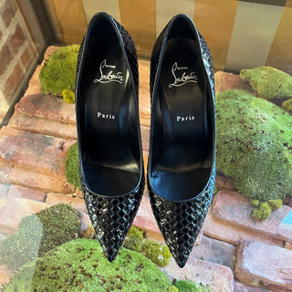 CHRISTIAN LOUBOUTIN Kate 100 Black Scale-Embossed Patent Leather Pumps SZ38