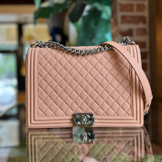 CHANEL Large Boy Bag Peach Quilted Matte Caviar Leather Shoulder Bag