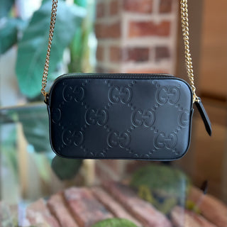 GUCCI Super Mini Pochette Black GG Embossed Leather Crossbody Bag