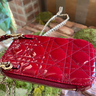 DIOR Lady Dior Call'in Cherry Red Patent Cannage Calfskin Phone Holder Crossbody