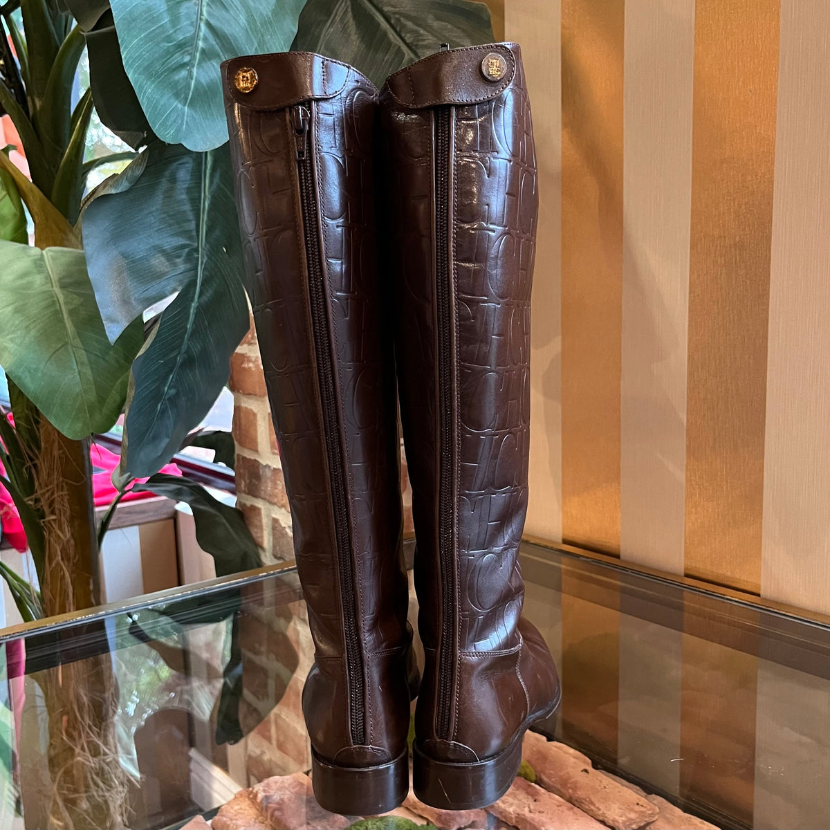CAROLINA HERRERA Brown Leather Logo Embossed Riding Boots SZ37