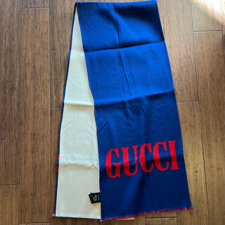 GUCCI Blue Red Jacquard Gucci Logo Wool Blend Scarf