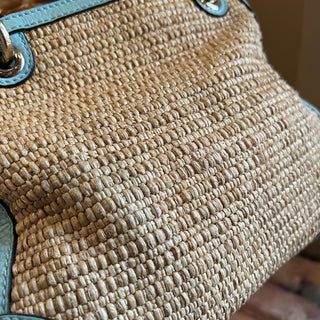 GUCCI Blue Leather Natural Raffia Woven Bamboo Shopper Tote Bag