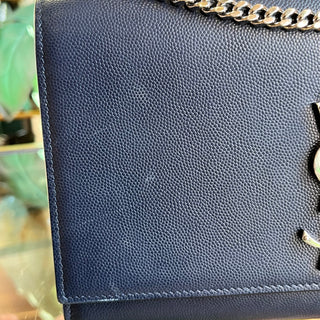 SAINT LAURENT Kate Navy Blue Grain De Poudre YSL Monogram Shoulder Bag