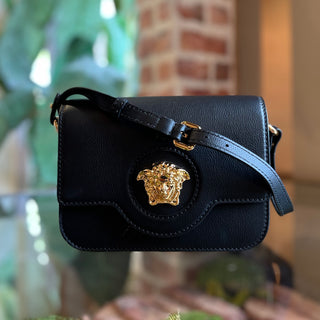 VERSACE Black Medusa Grained Calfskin Flap Shoulder Bag