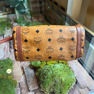 MCM Cognac Visetos Tan Canvas Barrel Crossbody Bag