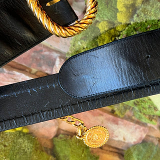 CHANEL Black Leather Gold Chain Medallion Wide Vintage Belt