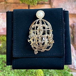 CHANEL Birdcage Light Gold Strass Pearl Crystal CC Brooch