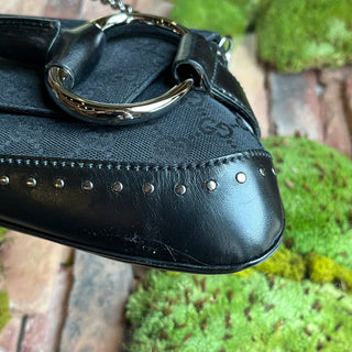 GUCCI Horsebit East-West Pochette Black GG Monogram Canvas Shoulder Bag