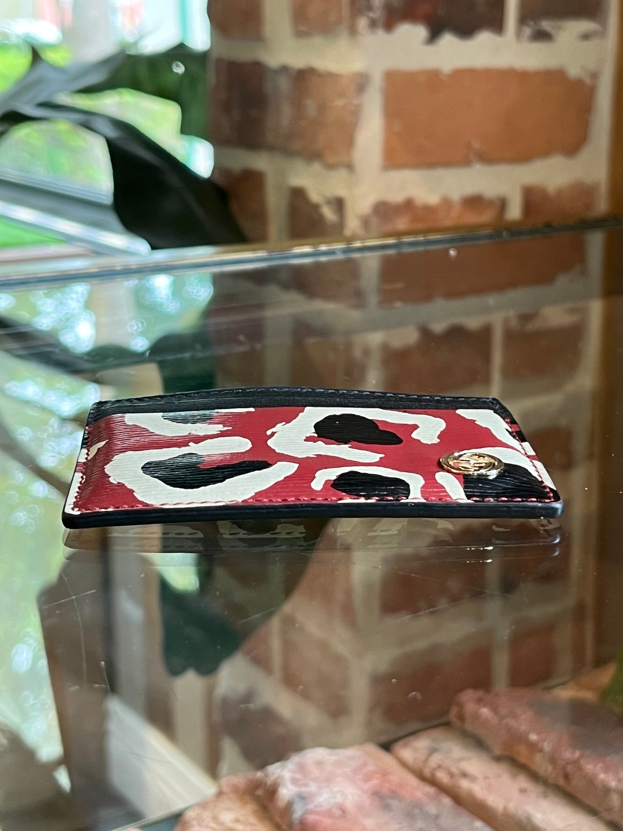 Gucci Navy Blue/Red Leopard Print Leather Card Wallet Holder