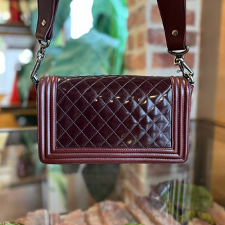 CHANEL Boy Bag Maroon Quilted Patent Leather Shoulder Bag