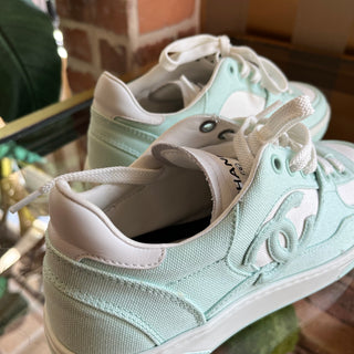 CHANEL CC Light Turquoise White Cotton Sneakers SZ37(7US)