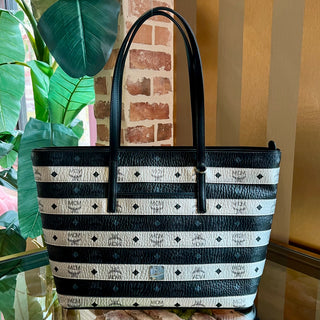 MCM Silver and Black Stripe Zip Top Tote